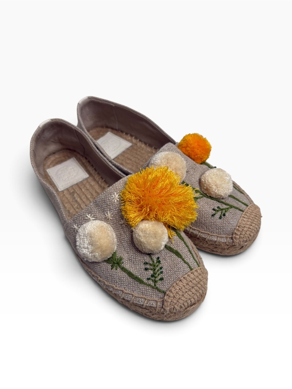 TORY BURCH Embroidered Pom Espadrille Flats in Beige and Yellow